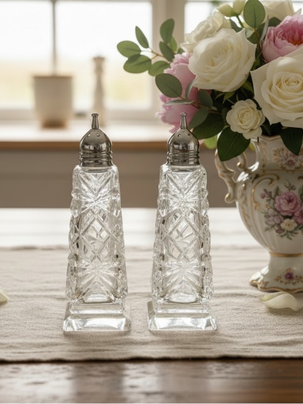 Cut Glass Salt and Pepper Shakers - Clear -5”